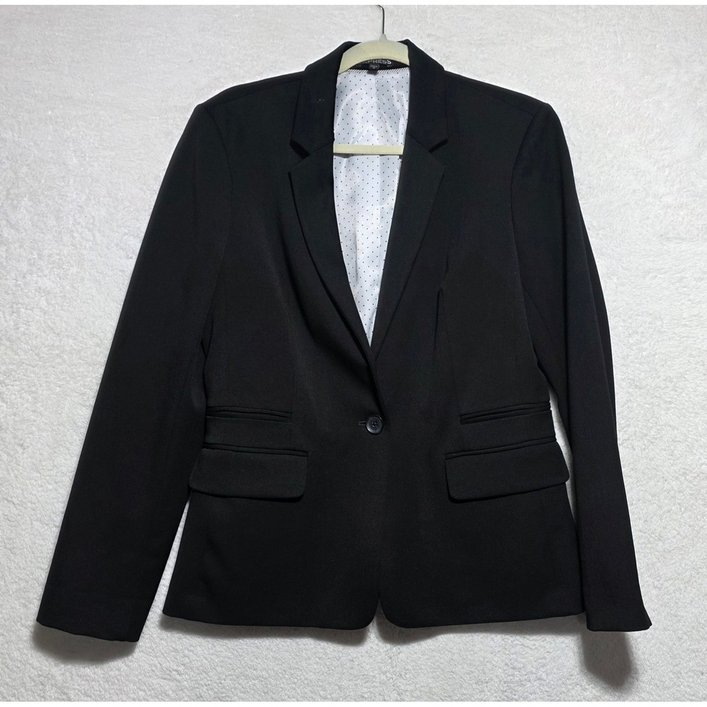 Express Women's Black Single Button Blazer Jacket Polka Dot Lining Size 12